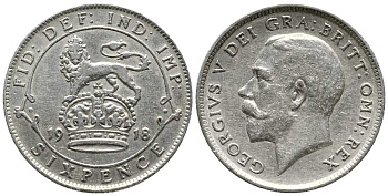 Великобритания 6 пенсов 1918 Георг V (1910-1936) KM 815, Spink 4014 серебро 1518-341
