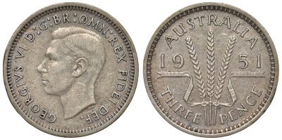Австралия 3 пенса 1951 PL, Георг VI (1937-1952) KM 44 серебро 71-151