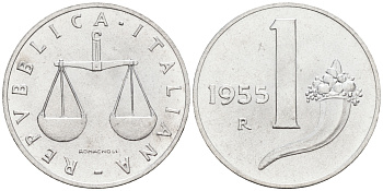 Италия 1 лира 1955 R, весы KM 91 алюминий  UNC  4594-144