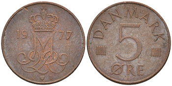 ДАНИЯ 5 ЭРЕ 1977 S; B, МАРГРЕТЕ II (1972-) KM 859.1 железо плакированное медью 4564-1164