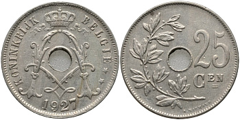 Бельгия 25 сантимов 1927 BELGIE KM 69 медно-никель 4171-647