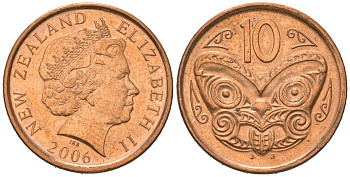Новая Зеландия 10 центов 2006 Елизавета II (1952-2022), маска маори KM 117a сталь плакированная медью UNC 4621-163