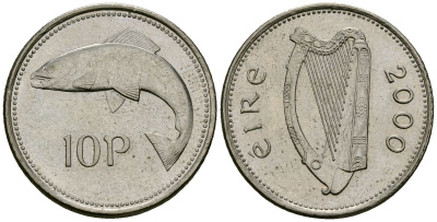 Ирландия 10 пенсов 2000 лосось KM 29 медно-никель 4138-915