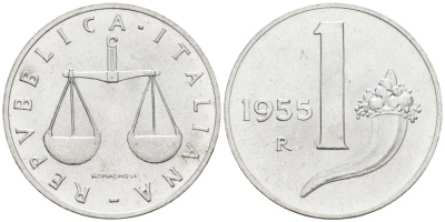 Италия 1 лира 1955 R, весы KM 91 алюминий  UNC  4594-144