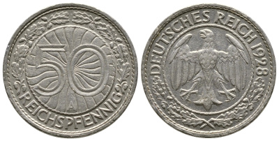 Германия 50 рейхспфеннигов 1928 A KM 49, J. 324 никель 4380-415