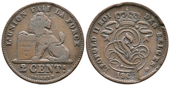 БЕЛЬГИЯ 2 САНТИМА 1909 BELGES KM 35.1 медь 4364-4125