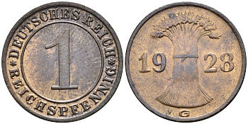 ГЕРМАНИЯ 1 РЕЙХСПФЕННИГ 1928 G KM 37, J. 313, Weege 2 бронза 4547-134