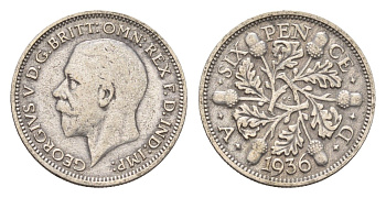 Великобритания 6 пенсов 1936 Георг V (1910-1936) KM 832, Spink 4041 серебро 100-923