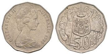 Австралия 50 центов 1980 Елизавета II (1952-2022), герб Австралии, кенгуру KM 68 медно-никель 4653-1132