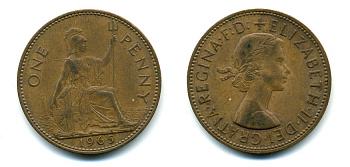 Великобритания 1 пенни 1965 Елизавета II (1952-2022) КМ 897, Spink 4157 бронза 89-846