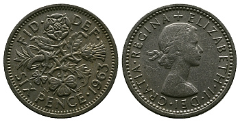 Великобритания 6 пенсов 1963 Елизавета II (1952-2022) KM 903, Spink 4149 медно-никель 4381-813