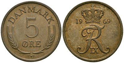 Дания 5 эре 1969 C; S, Фредерик IX (1947-1972) KM 848 бронза 4138-842