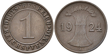 Германия 1 рейхспфенниг 1924 J KM 37, J.313, Weege 2 медь 4585-553