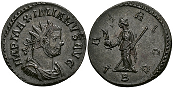 Римская Империя аврелианиан 290 - 291 Максимиан Геркулий PAX AVGG Пация, персонификация Мира Лугдун Extremely fine RIC 399 бронза 1073-5-7-1
