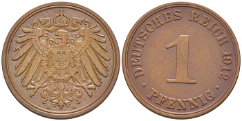 ГЕРМАНИЯ 1 ПФЕННИГ 1912 A KM 10, J. 10, Weege 2 медь 211-452