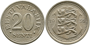 Эстония 20 центов 1935 Республика (1928-1940) KM 17 никель бронза 86-1456