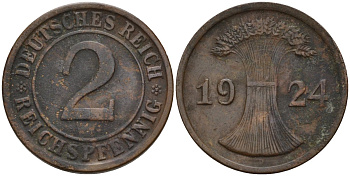Германия 2 рейхспфеннига 1924 D KM 38, J. 314 бронза 4147-1246