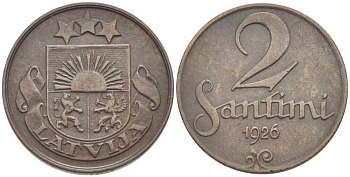 ЛАТВИЯ 2 САНТИМА 1926 ПЕРВАЯ РЕСПУБЛИКА (1918-1939) KM 2 бронза 119-141
