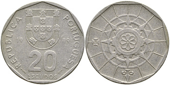 ПОРТУГАЛИЯ 20 ЭСКУДО 1989 INCM KM 634.1 медно-никель 1524-831