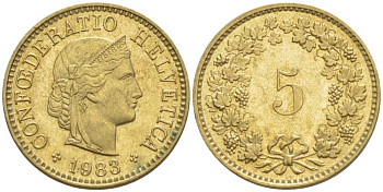 Швейцария 5 раппенов 1983 KM 26c алюминиевая бронза 4532-855