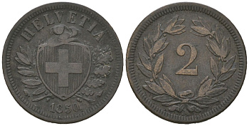 Швейцария 2 раппена 1850 A KM 4 бронза 4615-521