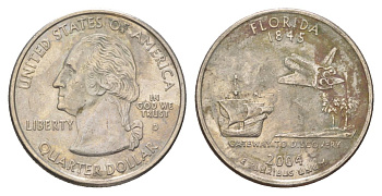 США 25 центов (квотер, 1/4 доллара) 2004 D, Квотер штата Флорида KM 356 медь плакированный медно-никелем 4628-1253