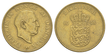 Дания 2 кроны 1958 C, Фредерик IX (1947-1972) KM 838 алюминиевая бронза 4653-531