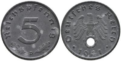 Германия 5 рейхспфеннигов 1941 D, монетный двор Мюнхен KM 100, J. 370 цинк 186-752
