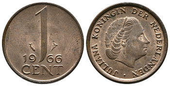 НИДЕРЛАНДЫ 1 ЦЕНТ 1966 ЮЛИАНА KM 180 бронза 83-967