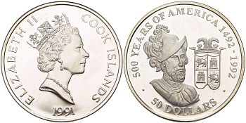 Острова Кука 50 долларов 1991 500 ЛЕТ ОТКРЫТИЮ АМЕРИКИ, ФРАНСИСКО ПИСАРРО, ВЕС 31,1035 ГР. KM 189 серебро PROOF 1088-1-42