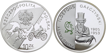 Польша 10 злотых 2005 MW, Константы Ильдефонс Галчиньский, поэт, гусь, цветная эмаль KM 537 серебро PROOF 1074-8-31