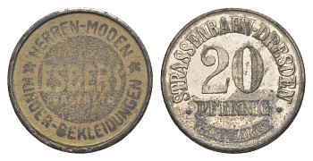 Дрезден трамвайный (транспортный) жетон в 20 пфеннигов ND Esders Men05 5719.4, Men18 7136.4 цинк и картон 1527-512