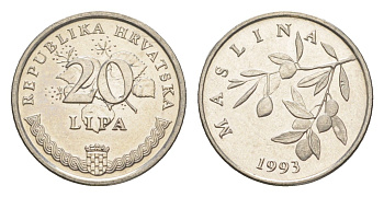 Хорватия 20 лип 1993 олива, нечетный год KM 7 сталь плакированная никелем UNC 3309-823