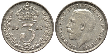 Великобритания 3 пенса 1917 Георг V (1910-1936) KM 813, Spink 4015 серебро 4528-453