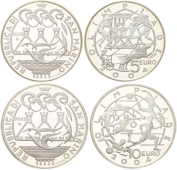 Сан-Марино набор из 2 монет (5 и 10 евро) 2003 XXVIII летние Олимпийские Игры, Афины 2004 KM 453 и 454 серебро PROOF 8-2-05-09