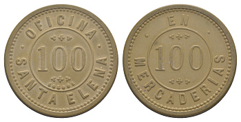 Чили, Санта-Элена (Santa-Elena), La noria шахтерский жетон с Селитряного рудника для покупки в местных магазинах, номиналом в 100 сентаво около 1890 диаметр 40,5 мм, вес 5,73 гр Espinosa 297.4 эбонит (охра) 01-238-42