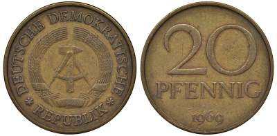 ГДР 20 пфеннигов 1969 А, первый год KM 11 латунь 62-951