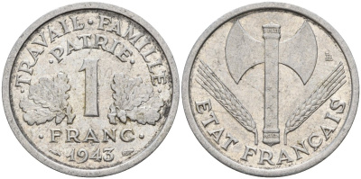 Франция 1 франк 1943 LB, тип Lourde, правительство Виши KM 902.1 алюминий 4142-935
