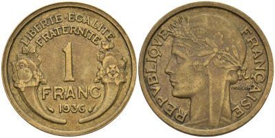Франция 1 франк 1936 KM 885, Le Franc 219.2 алюминиевая бронза 4142-835