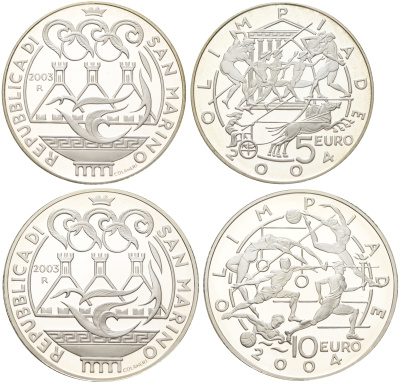 Сан-Марино набор из 2 монет (5 и 10 евро) 2003 XXVIII летние Олимпийские Игры, Афины 2004 KM 453 и 454 серебро PROOF 8-2-05-09