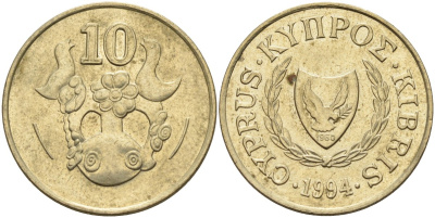 Кипр 10 центов 1994 KM 56.3 никель латунь 4141-1216