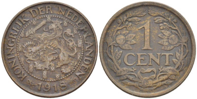 НИДЕРЛАНДЫ 1 ЦЕНТ 1918 ВИЛЬГЕЛЬМИНА I (1891-1948) KM 152 бронза 4547-913