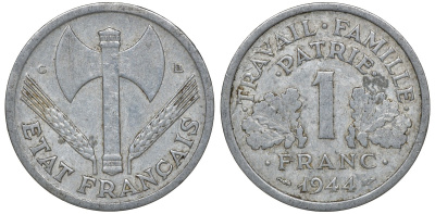 Франция 1 франк 1944 C, правительство Виши KM 902.2, Le Franc 223.7 алюминий 4163-417