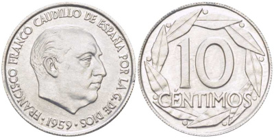 Испания 10 сентимо 1959 Франсиско Франко (1939-1975) KM 790 алюминий aUNC 213-121