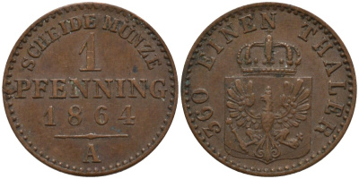 Пруссия 1 пфенниг 1864 А, Вильгельм I (1861-1888) KM 480 медь 4532-438