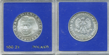 Польша 100 злотых 1978 MW, Адам Мицкевич (1798-1855), в оригинальной пластиковой упаковке KM 92 серебро PROOF 1069-2-22