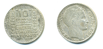 Франция 10 франков 1938 Пьер Тюрен KM 878, Le Franc 360.9 серебро 4385-941