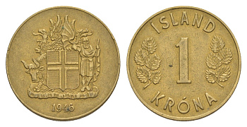 Исландия 1 крона 1946 KM 12 алюминиевая бронза 4633-1236