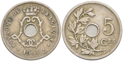 БЕЛЬГИЯ 5 САНТИМОВ 1904 BELGIQUE KM 54 медно-никель 100-511