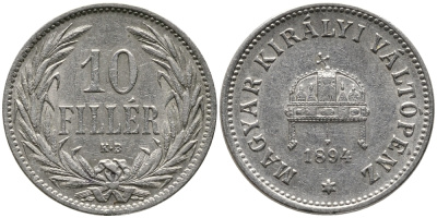 Венгрия 10 филлеров 1894 KB, Франц Иосиф I (1848-1916) KM 482 никель 100-452